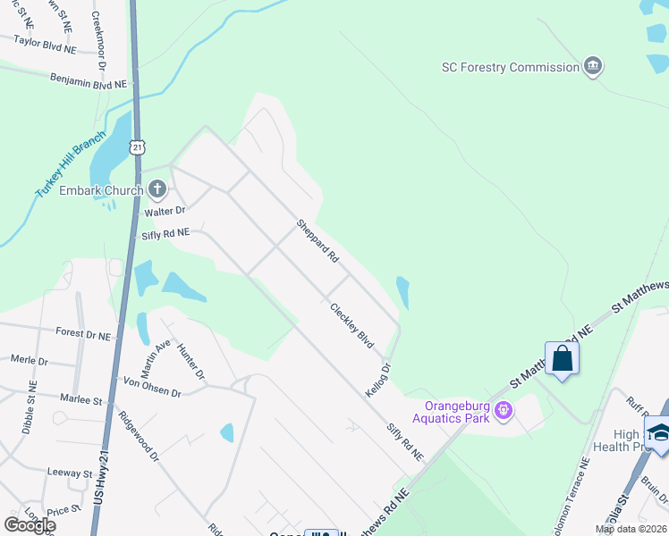 map of restaurants, bars, coffee shops, grocery stores, and more near 1237 Sheppard Road in Orangeburg