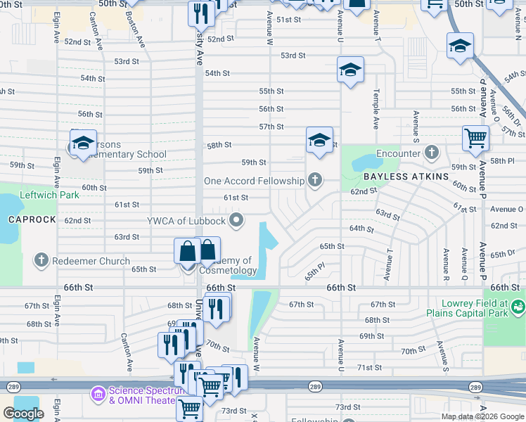 map of restaurants, bars, coffee shops, grocery stores, and more near 2303 61st Street in Lubbock
