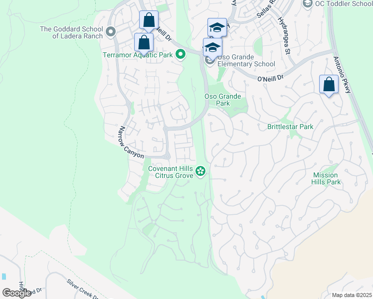 map of restaurants, bars, coffee shops, grocery stores, and more near 1 Bower Lane in Ladera Ranch