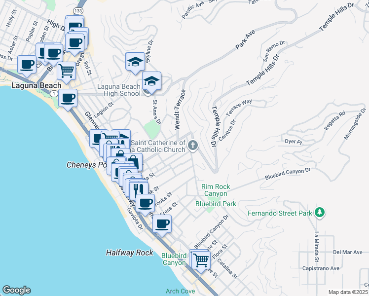 map of restaurants, bars, coffee shops, grocery stores, and more near 941 Temple Terrace in Laguna Beach