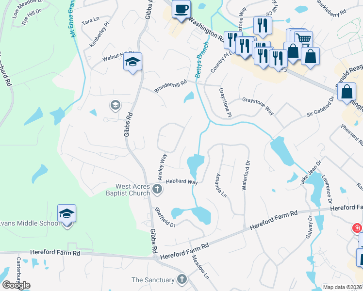 map of restaurants, bars, coffee shops, grocery stores, and more near 4576 Mulberry Creek Drive in Evans