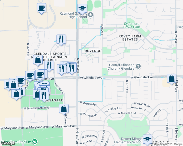 map of restaurants, bars, coffee shops, grocery stores, and more near 8990 West Glendale Avenue in Glendale