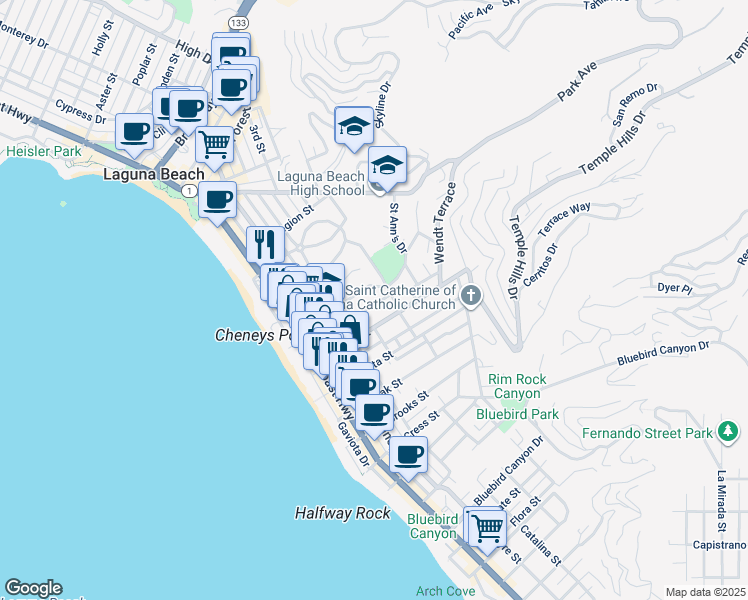 map of restaurants, bars, coffee shops, grocery stores, and more near 520 Graceland Drive in Laguna Beach