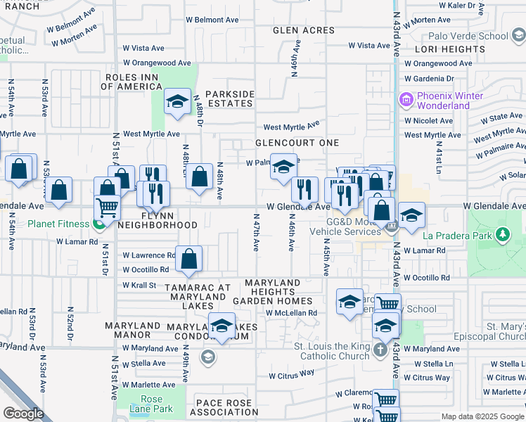 map of restaurants, bars, coffee shops, grocery stores, and more near 4645 West Glendale Avenue in Glendale