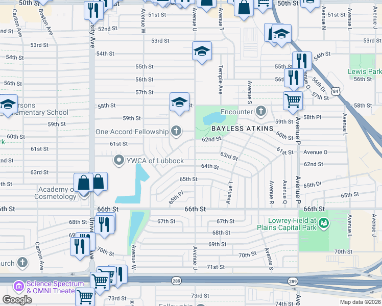 map of restaurants, bars, coffee shops, grocery stores, and more near 6206 Avenue U in Lubbock