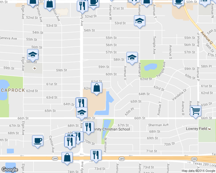map of restaurants, bars, coffee shops, grocery stores, and more near 2303 61st Street in Lubbock