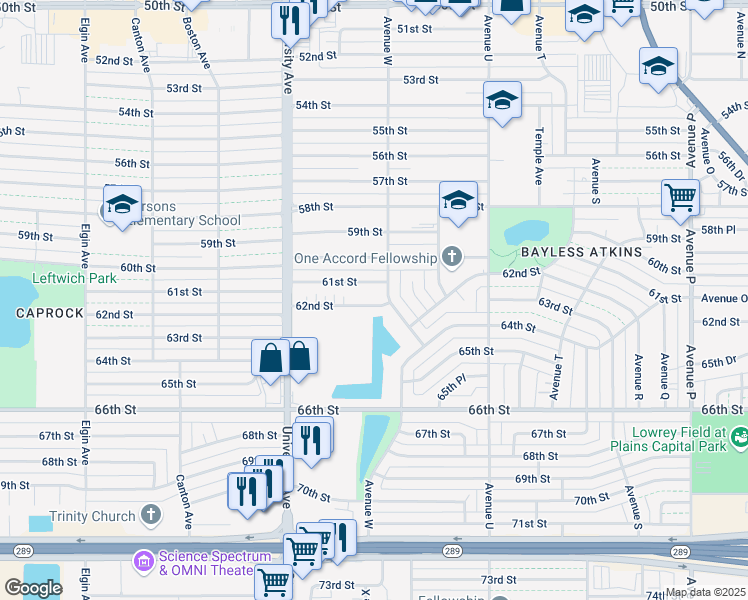 map of restaurants, bars, coffee shops, grocery stores, and more near 2303 61st Street in Lubbock