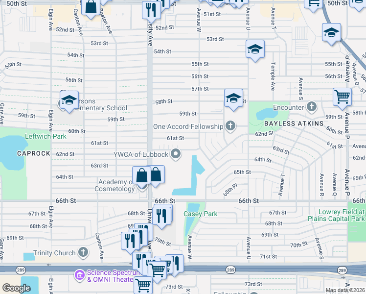map of restaurants, bars, coffee shops, grocery stores, and more near 2313 61st Street in Lubbock