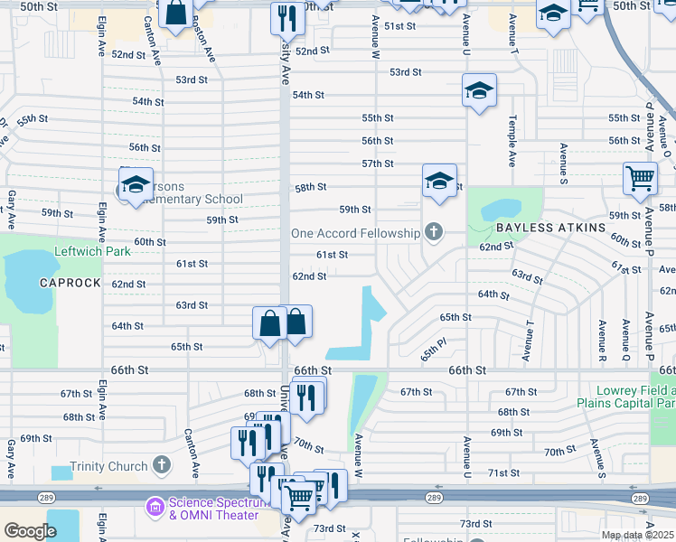 map of restaurants, bars, coffee shops, grocery stores, and more near 2313 61st Street in Lubbock