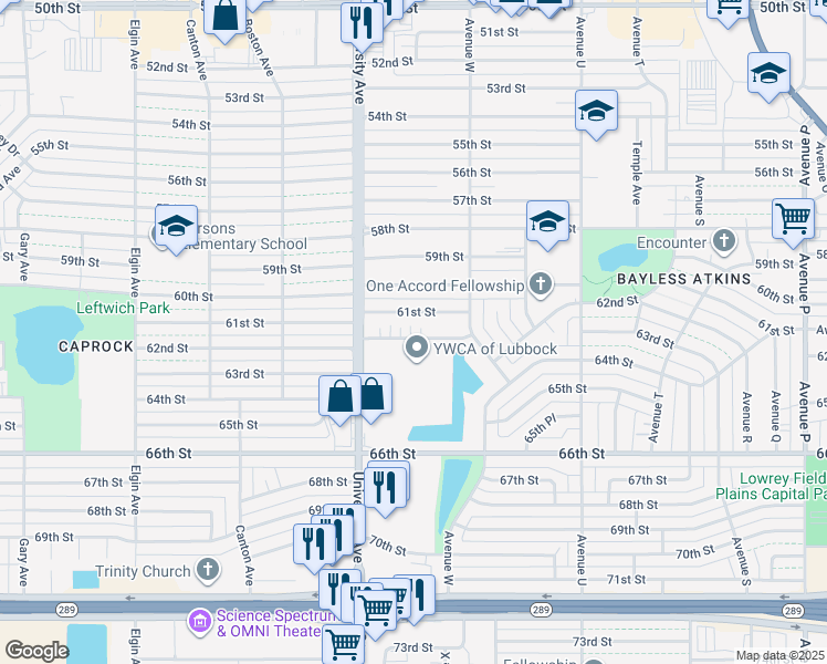 map of restaurants, bars, coffee shops, grocery stores, and more near 2313 61st Street in Lubbock