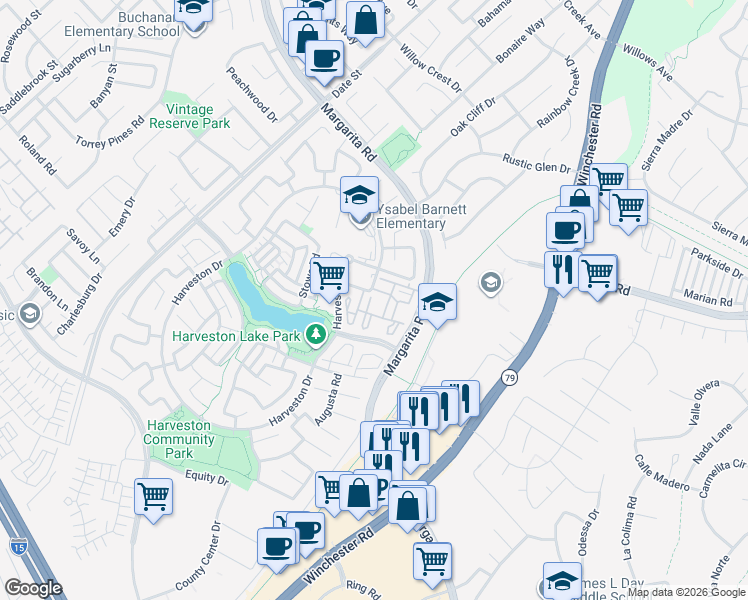 map of restaurants, bars, coffee shops, grocery stores, and more near 40164 Landings Road in Temecula