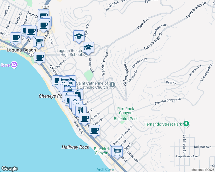 map of restaurants, bars, coffee shops, grocery stores, and more near 941 Temple Terrace in Laguna Beach