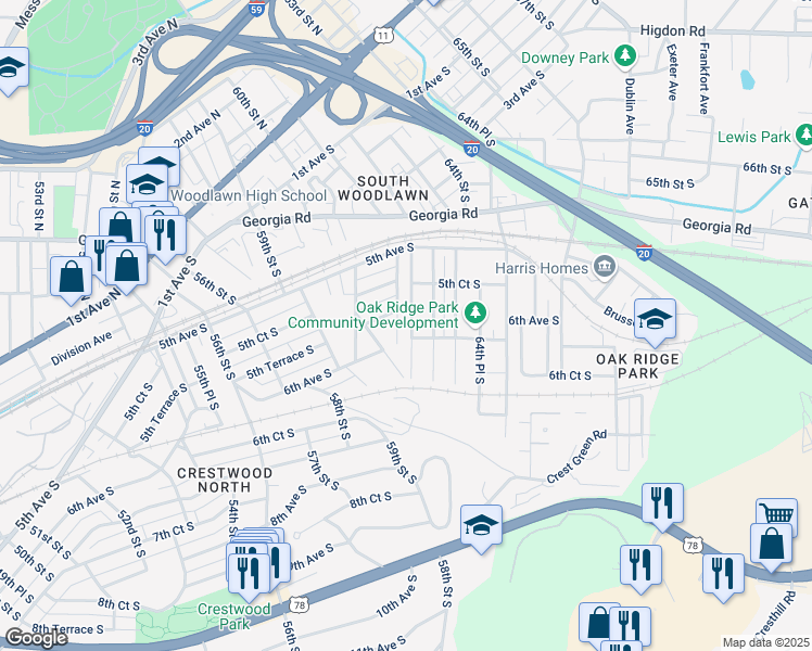 map of restaurants, bars, coffee shops, grocery stores, and more near 573 61st Street South in Birmingham
