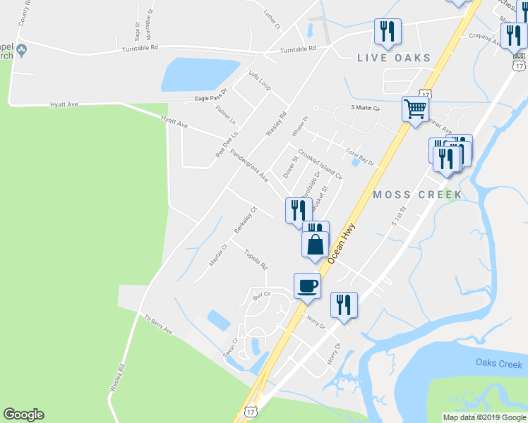 map of restaurants, bars, coffee shops, grocery stores, and more near 5153 Berkeley Court in Murrells Inlet