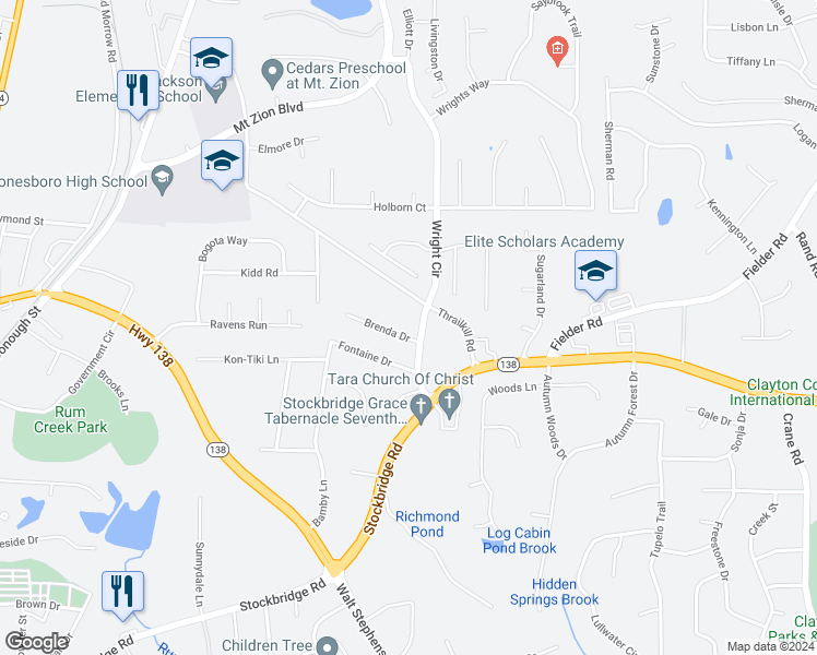 map of restaurants, bars, coffee shops, grocery stores, and more near 1764 Brenda Drive in Jonesboro