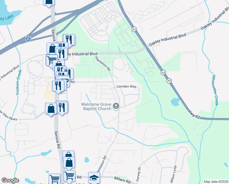 map of restaurants, bars, coffee shops, grocery stores, and more near 3080 Broadleaf Trail in Fairburn