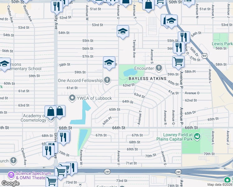 map of restaurants, bars, coffee shops, grocery stores, and more near 6206 Avenue U in Lubbock