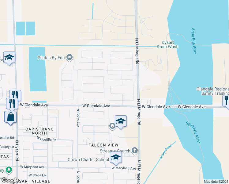 map of restaurants, bars, coffee shops, grocery stores, and more near 12469 West Midway Avenue in Glendale