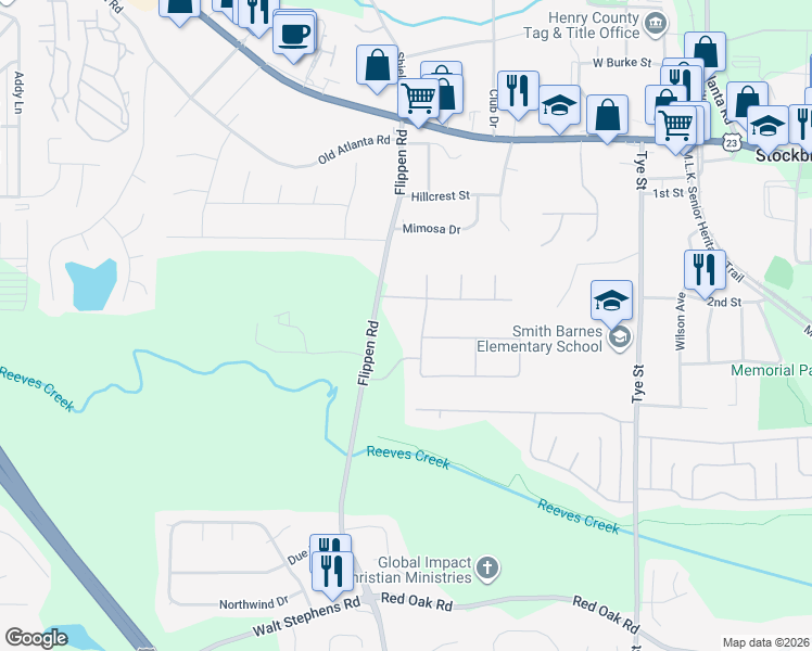 map of restaurants, bars, coffee shops, grocery stores, and more near 402 Fairhaven Court in Stockbridge