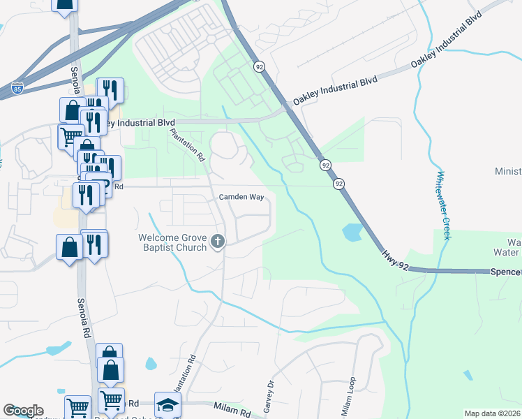 map of restaurants, bars, coffee shops, grocery stores, and more near 214 Fairgrove Lane in Fairburn