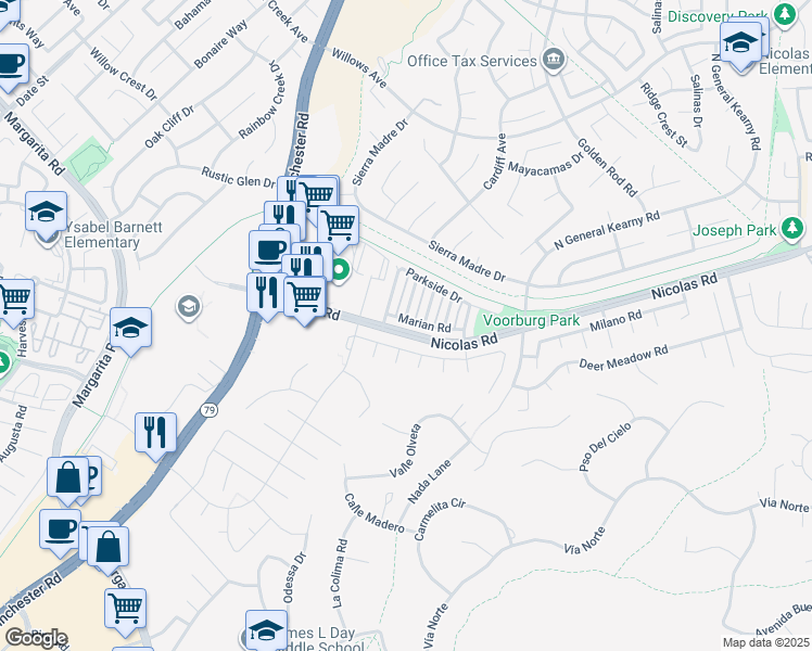 map of restaurants, bars, coffee shops, grocery stores, and more near 27521 Marian Road in Temecula