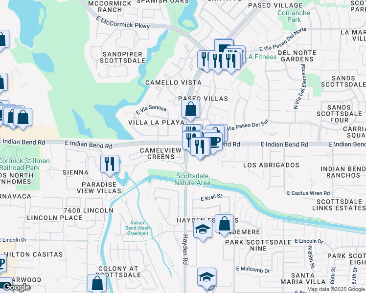 map of restaurants, bars, coffee shops, grocery stores, and more near 7964 East Pepper Tree Lane in Scottsdale