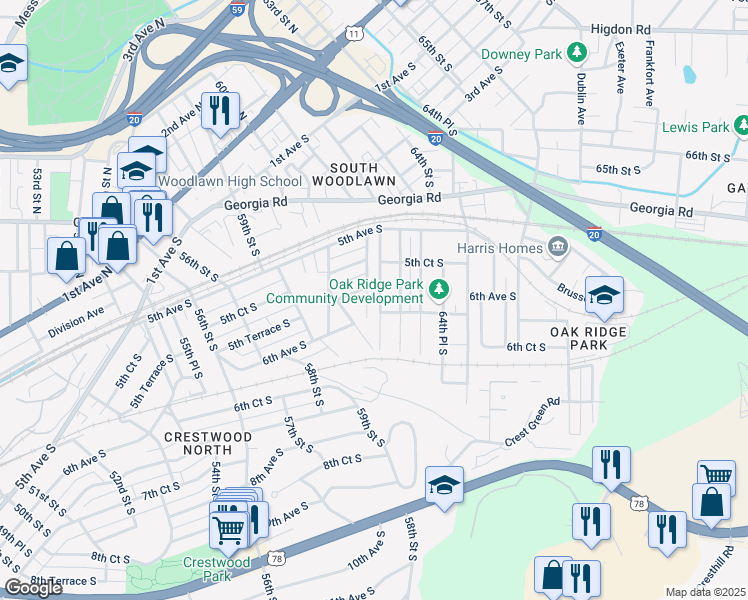 map of restaurants, bars, coffee shops, grocery stores, and more near 573 61st Street South in Birmingham