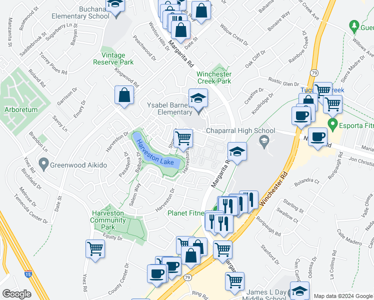 map of restaurants, bars, coffee shops, grocery stores, and more near 40128 Village Road in Temecula