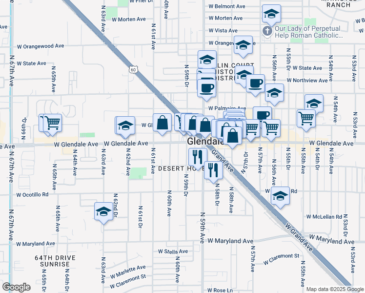 map of restaurants, bars, coffee shops, grocery stores, and more near 6838 North 59th Drive in Glendale