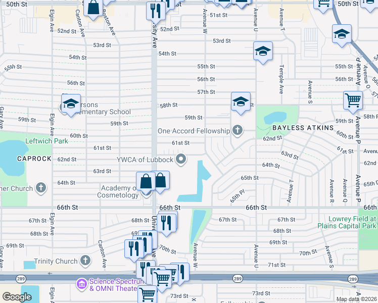 map of restaurants, bars, coffee shops, grocery stores, and more near 2314 62nd Street in Lubbock