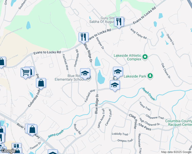 map of restaurants, bars, coffee shops, grocery stores, and more near 550 Blue Ridge Drive in Evans