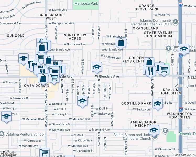 map of restaurants, bars, coffee shops, grocery stores, and more near 3118 West Flynn Lane in Phoenix
