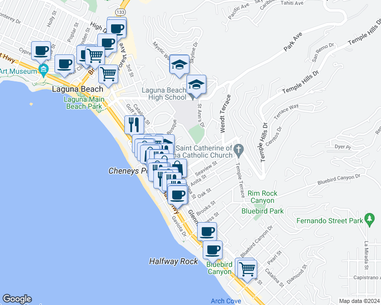 map of restaurants, bars, coffee shops, grocery stores, and more near 540 Graceland Drive in Laguna Beach