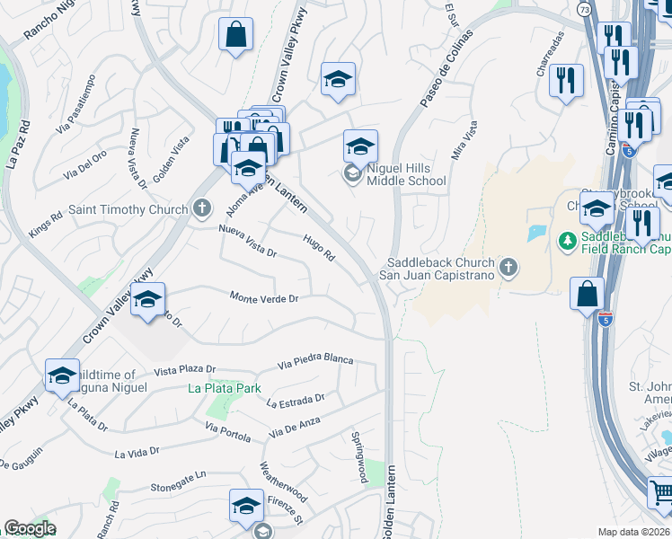 map of restaurants, bars, coffee shops, grocery stores, and more near 25352 Hugo Road in Laguna Niguel
