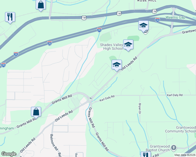 map of restaurants, bars, coffee shops, grocery stores, and more near 5946 Old Leeds Road in Irondale