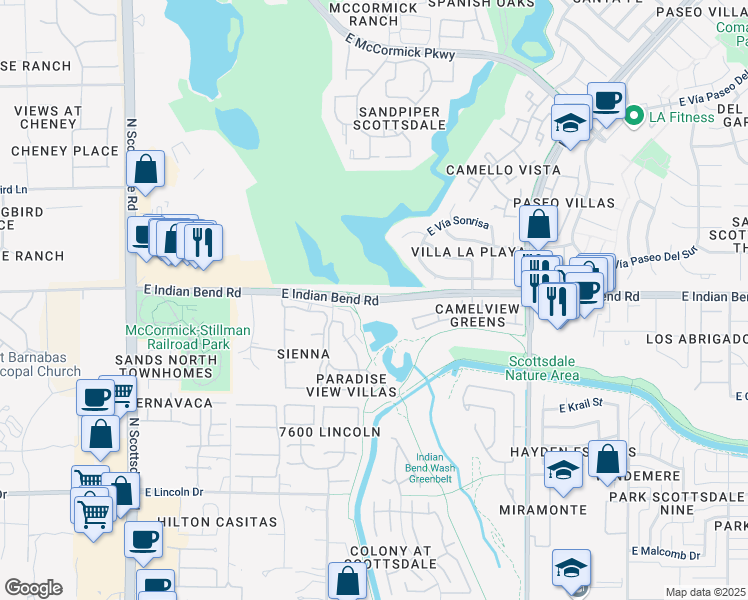map of restaurants, bars, coffee shops, grocery stores, and more near 7626 East Indian Bend Road in Scottsdale