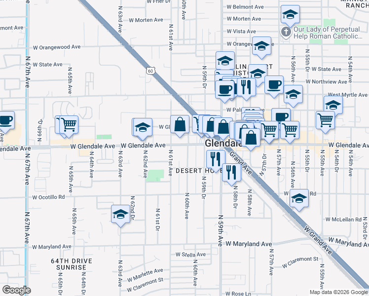 map of restaurants, bars, coffee shops, grocery stores, and more near 6001 West Glendale Avenue in Glendale