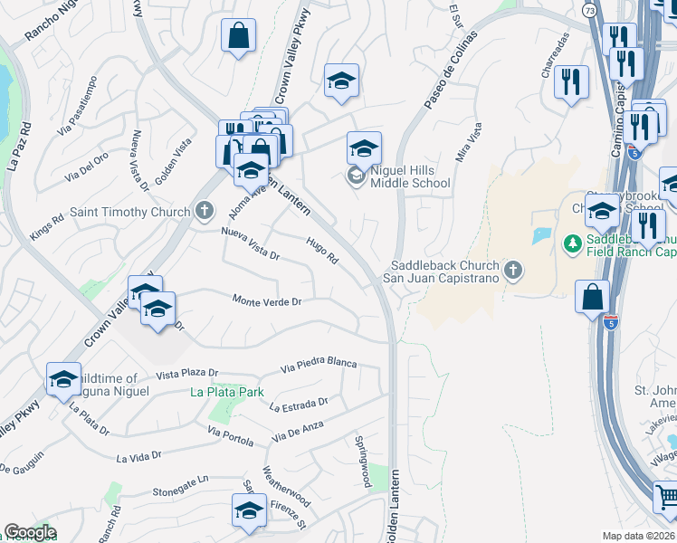 map of restaurants, bars, coffee shops, grocery stores, and more near 25352 Hugo Road in Laguna Niguel