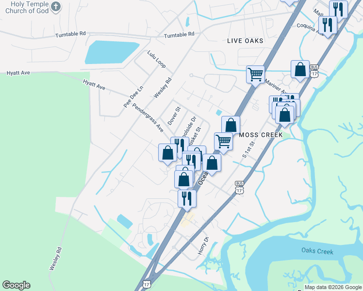 map of restaurants, bars, coffee shops, grocery stores, and more near 7 Musket Street in Murrells Inlet