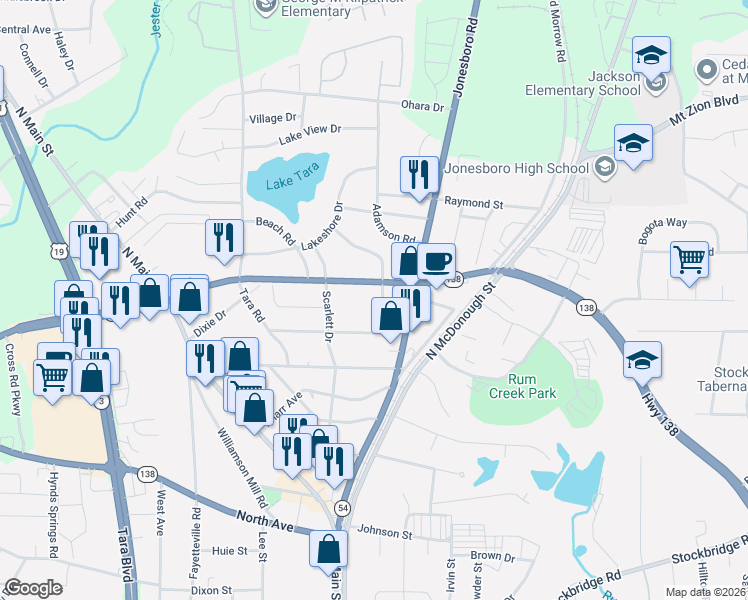 map of restaurants, bars, coffee shops, grocery stores, and more near 7909 Clayton Road in Jonesboro
