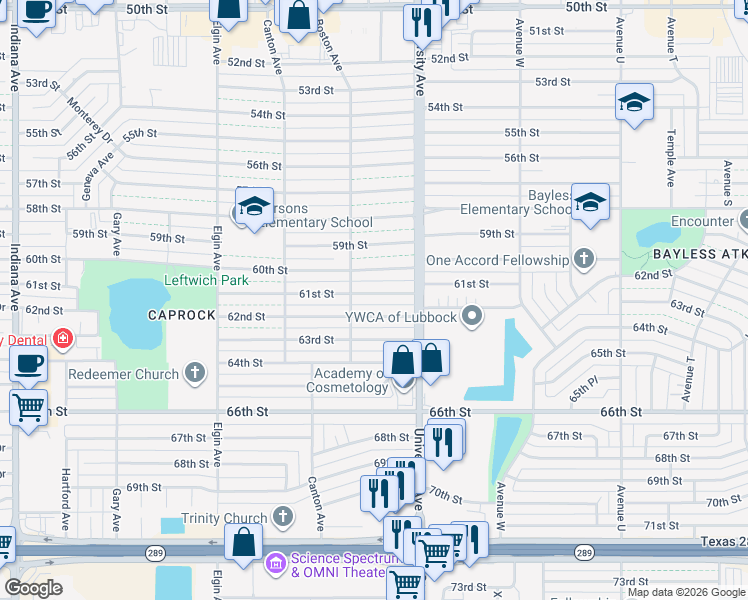 map of restaurants, bars, coffee shops, grocery stores, and more near 2515 61st Street in Lubbock