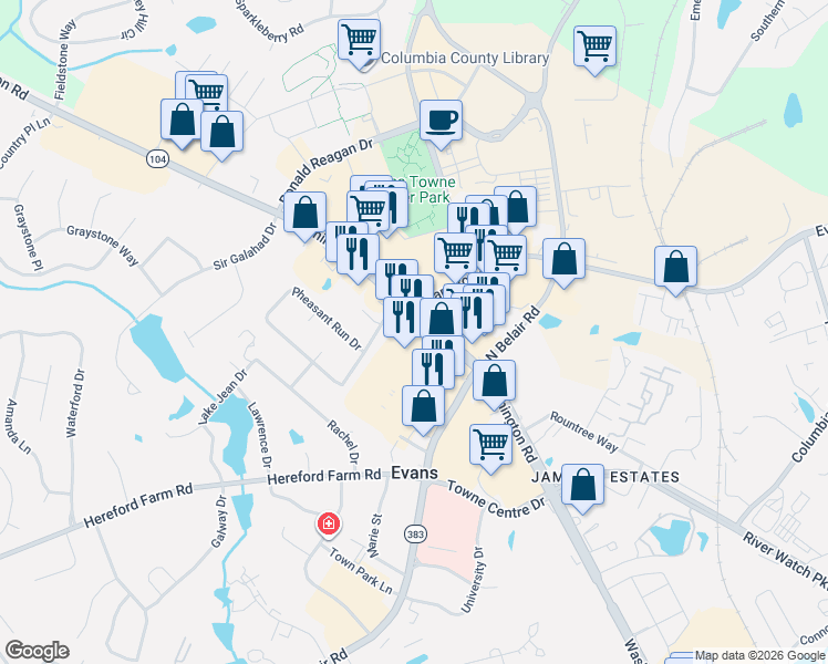 map of restaurants, bars, coffee shops, grocery stores, and more near 4324 Washington Road in Evans