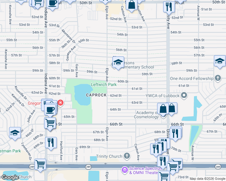 map of restaurants, bars, coffee shops, grocery stores, and more near 2819 61st Street in Lubbock