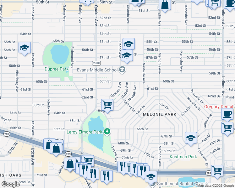 map of restaurants, bars, coffee shops, grocery stores, and more near 6016 Orlando Avenue in Lubbock