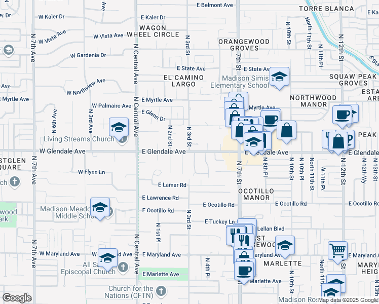 map of restaurants, bars, coffee shops, grocery stores, and more near N 3rd St & E Glendale Ave in Phoenix