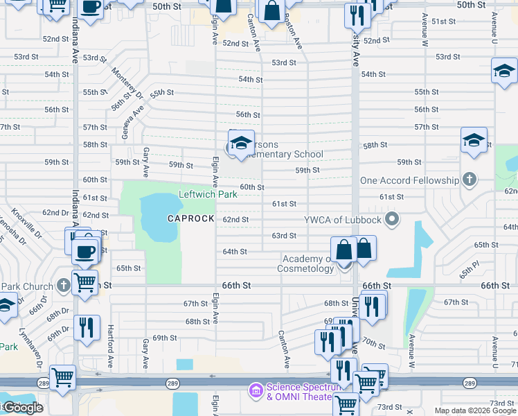 map of restaurants, bars, coffee shops, grocery stores, and more near t2805 61st Street in Lubbock