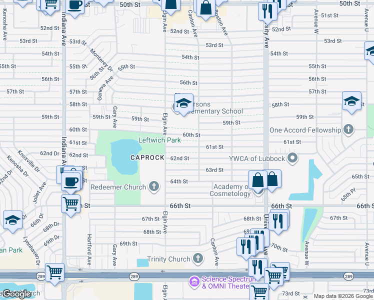 map of restaurants, bars, coffee shops, grocery stores, and more near t2805 61st Street in Lubbock