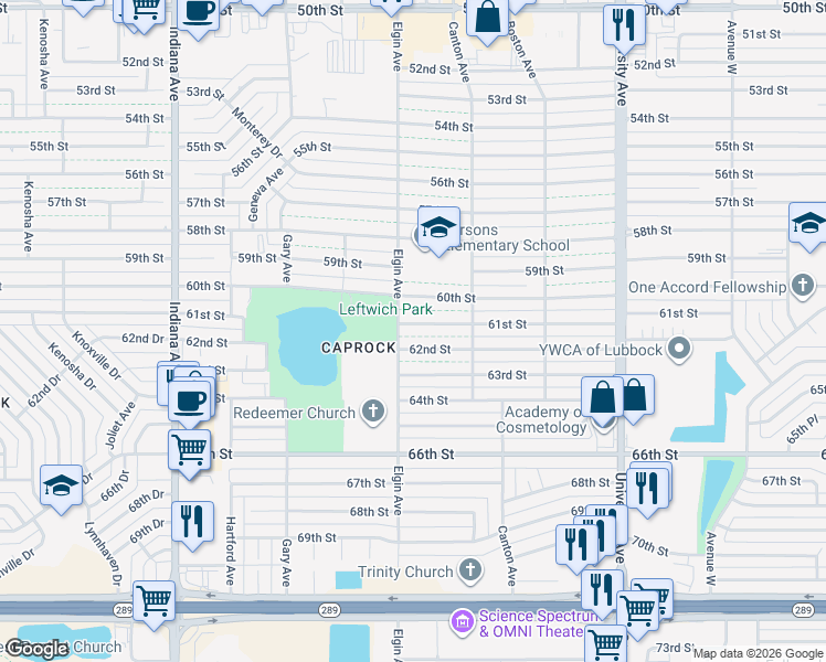 map of restaurants, bars, coffee shops, grocery stores, and more near 2821 61st Street in Lubbock