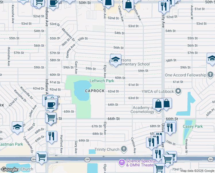 map of restaurants, bars, coffee shops, grocery stores, and more near 2821 61st Street in Lubbock