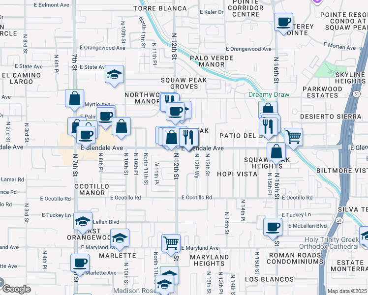 map of restaurants, bars, coffee shops, grocery stores, and more near in Phoenix
